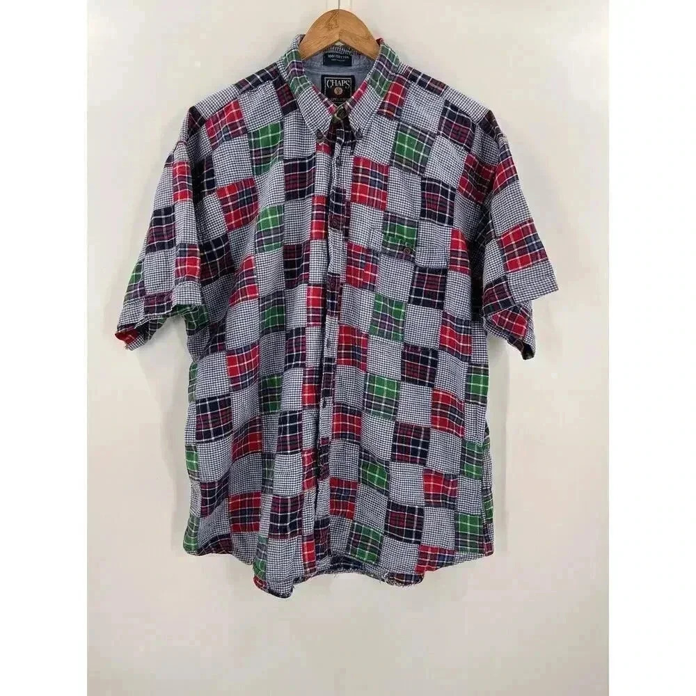 VINTAGE Ralph Lauren Chaps Shirt XLarge Multi Madras Plaid Patchwork Quilted